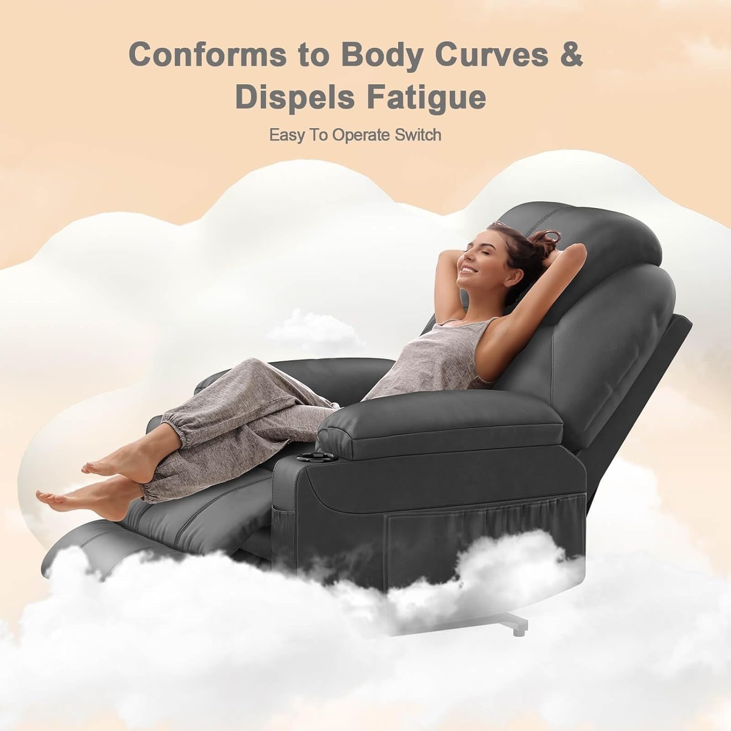 Power Lift Recliner Chair Massage Heat USB Type-C Cup Holders Faux Leather Grey