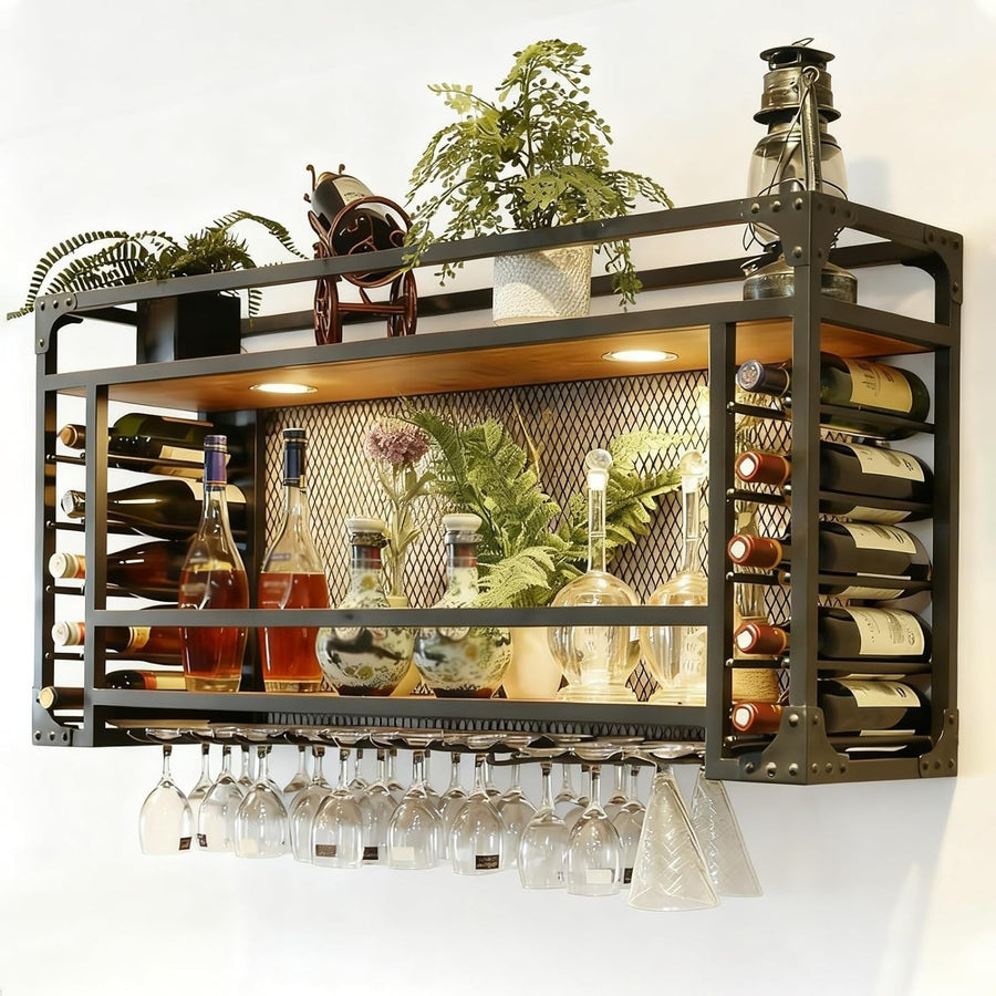 Modern Wall Mounted Wine Rack with Glass Holder & Shelf, Industrial Bar Storage