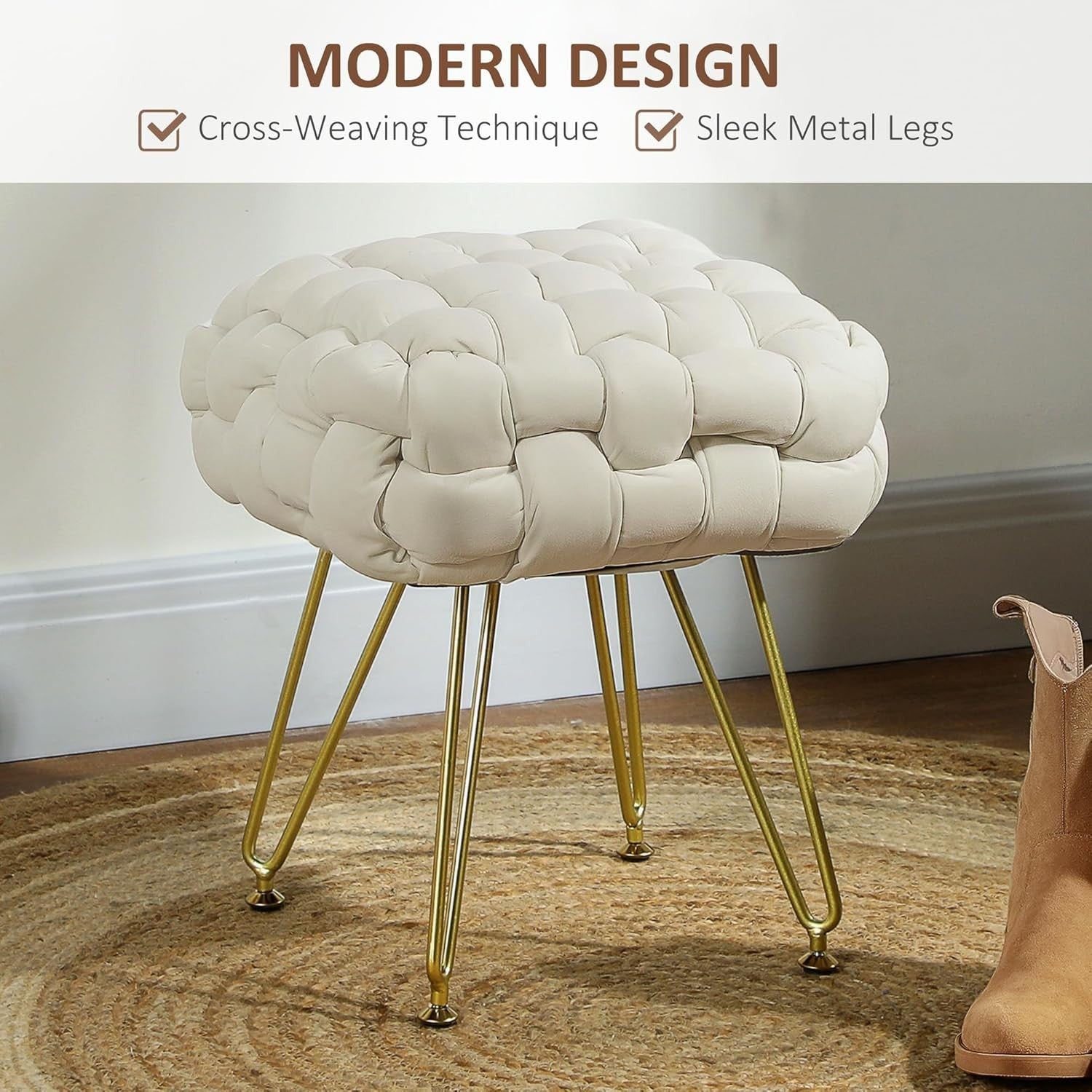 Cream White Square Footstool Woven Velvet Seat Ottoman Metal Leg Stool