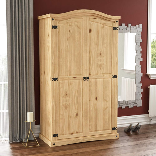 Solid Pine 2 Door Wardrobe Rustic Distressed Wax Storage Bedroom Cabinet