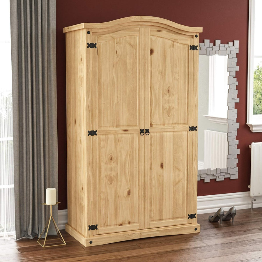 Solid Pine 2 Door Wardrobe Rustic Distressed Wax Storage Bedroom Cabinet