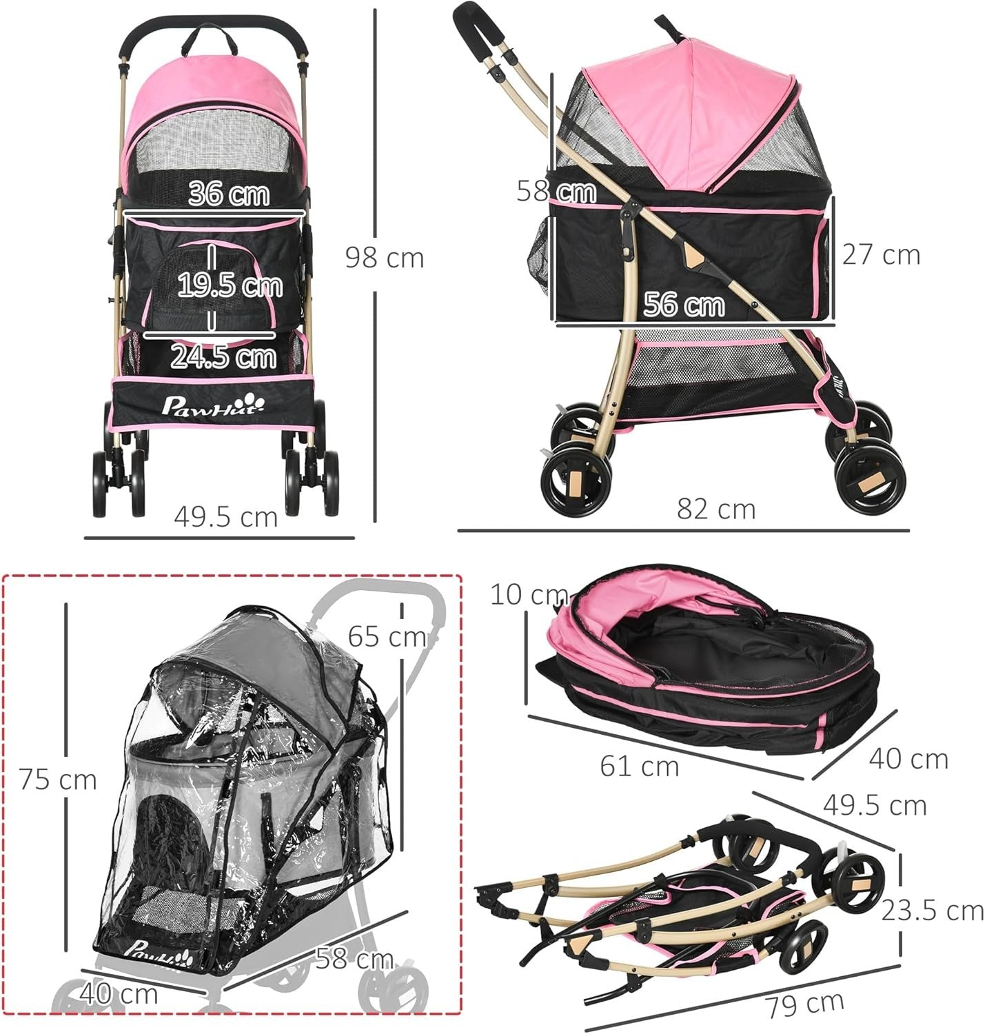 Pet Stroller 3-in-1 Foldable Dog Pushchair Rain Cover Pink Small Dogs