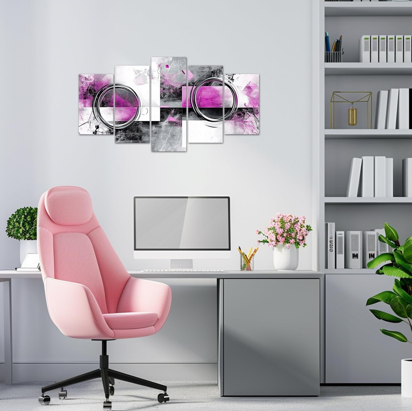 Pink Grey Abstract Canvas Wall Art 5 Piece Framed Set