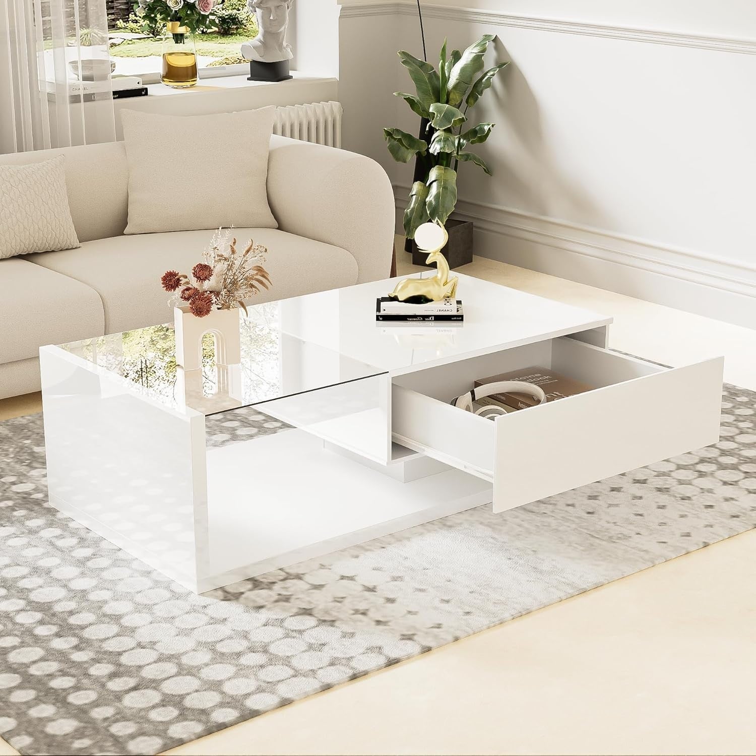 LED Coffee Table with Storage Compartment & 16-Color Lights, 105x55x32.5cm