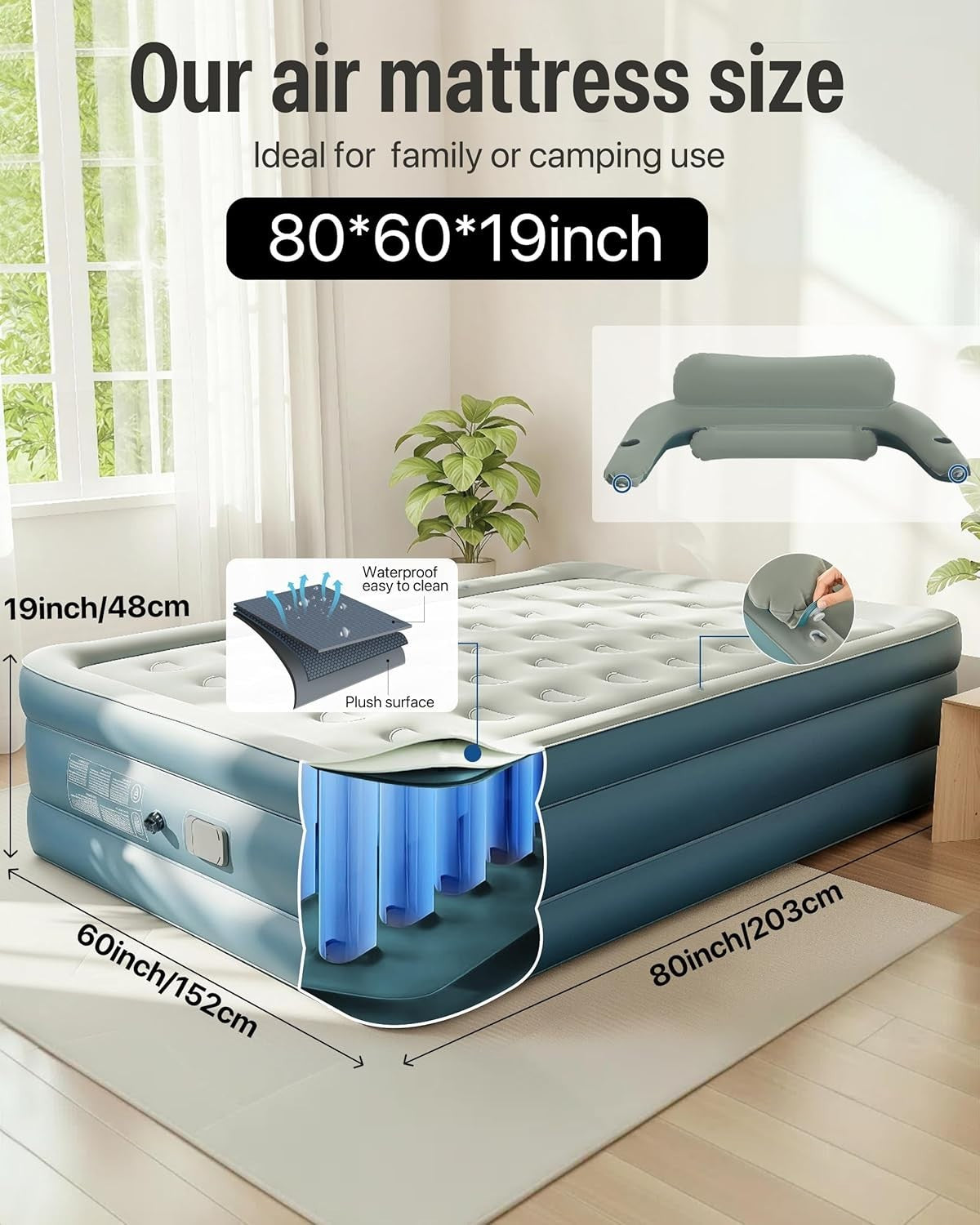 Queen Air Mattress Inflatable 19" Elevated Bed Built-in Pump & Headboard
