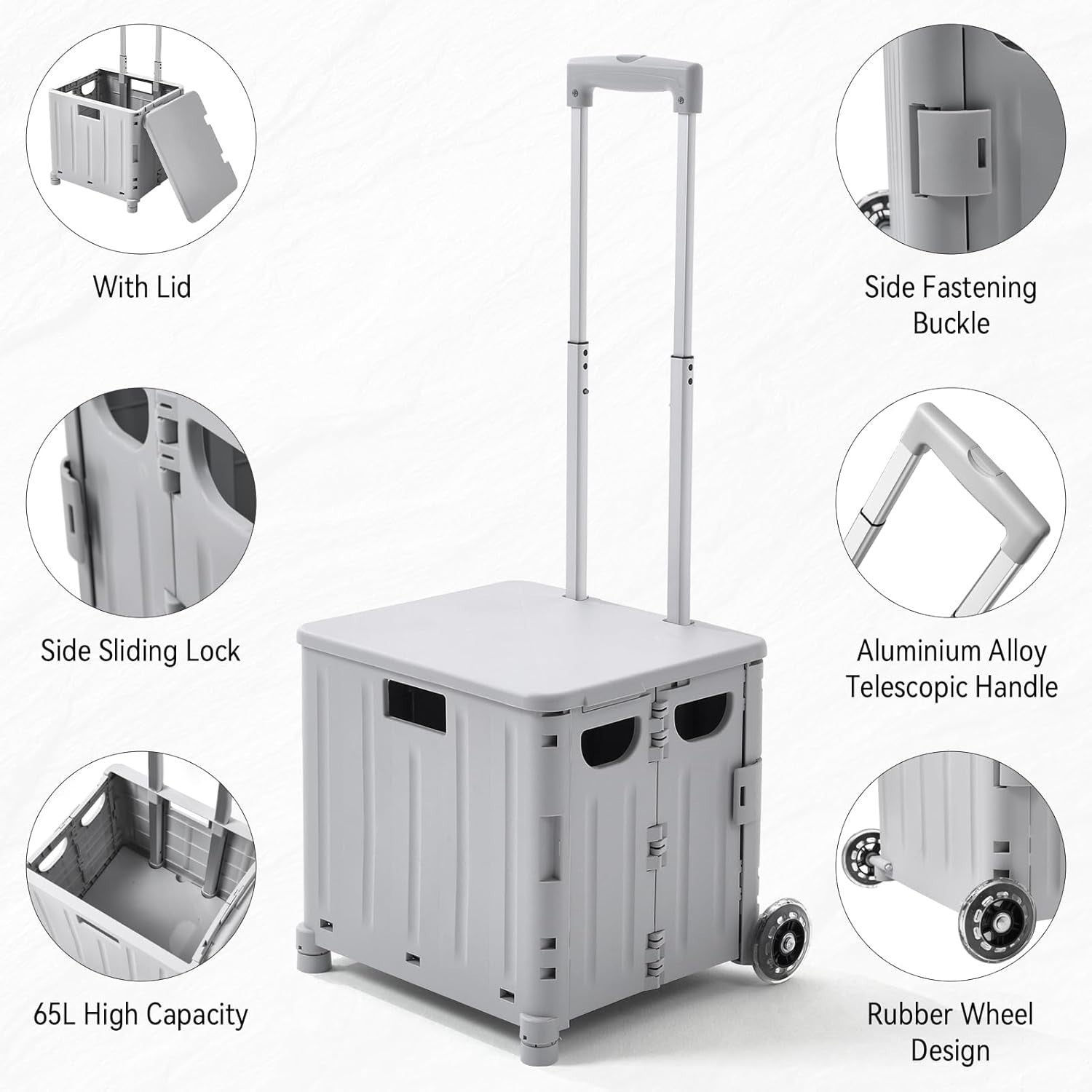 65L Foldable Shopping Trolley with Lid Wheels Utility Cart Grey