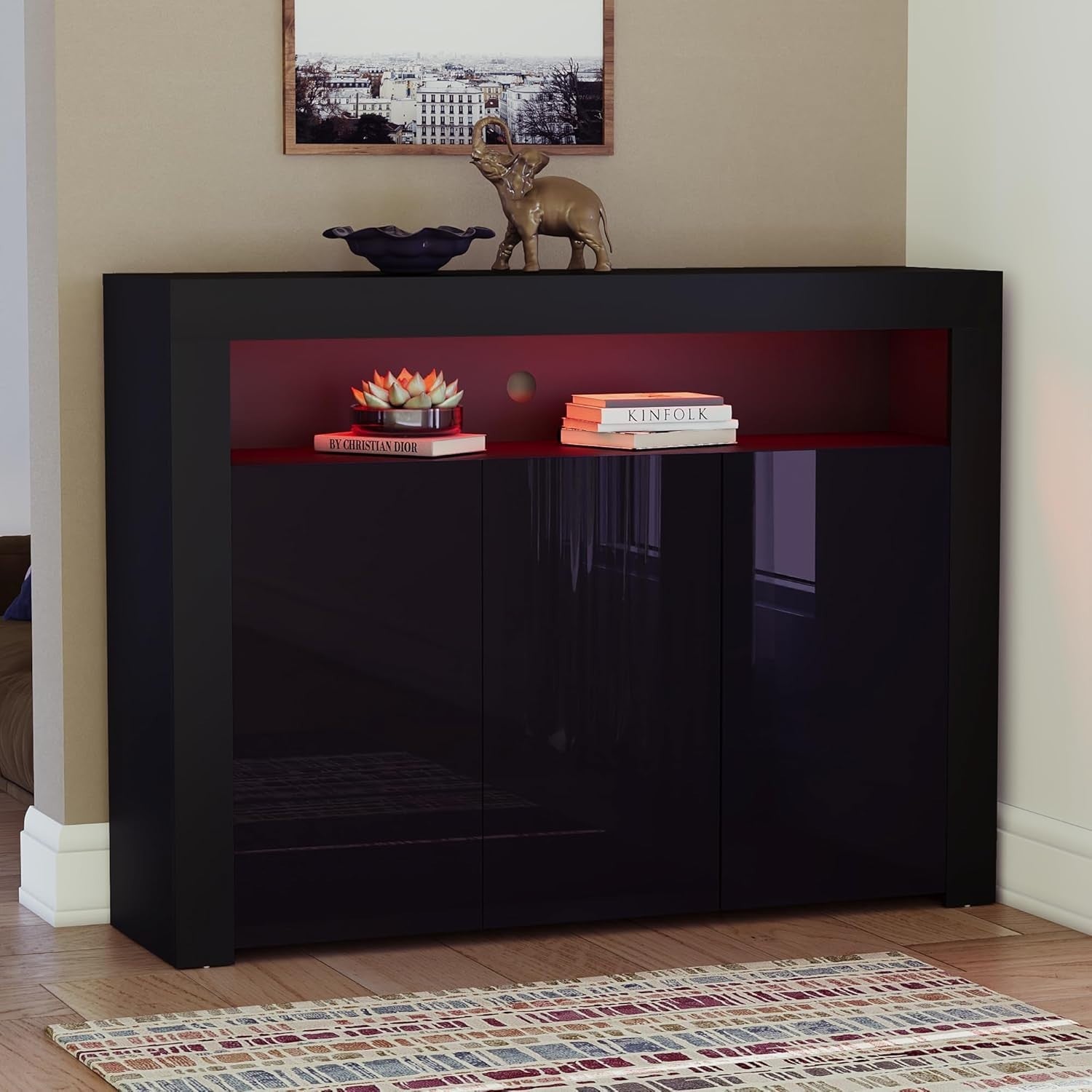 Modern Black LED Sideboard 3 Doors 3 Drawers RGB Lighting Storage Cabinet