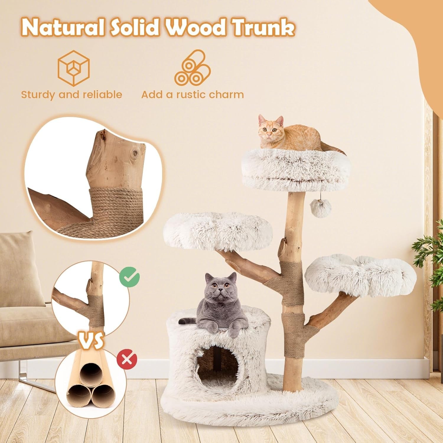 102cm Wooden Cat Tree White Multi Level Tower with Plush Perches & Jute Scratch