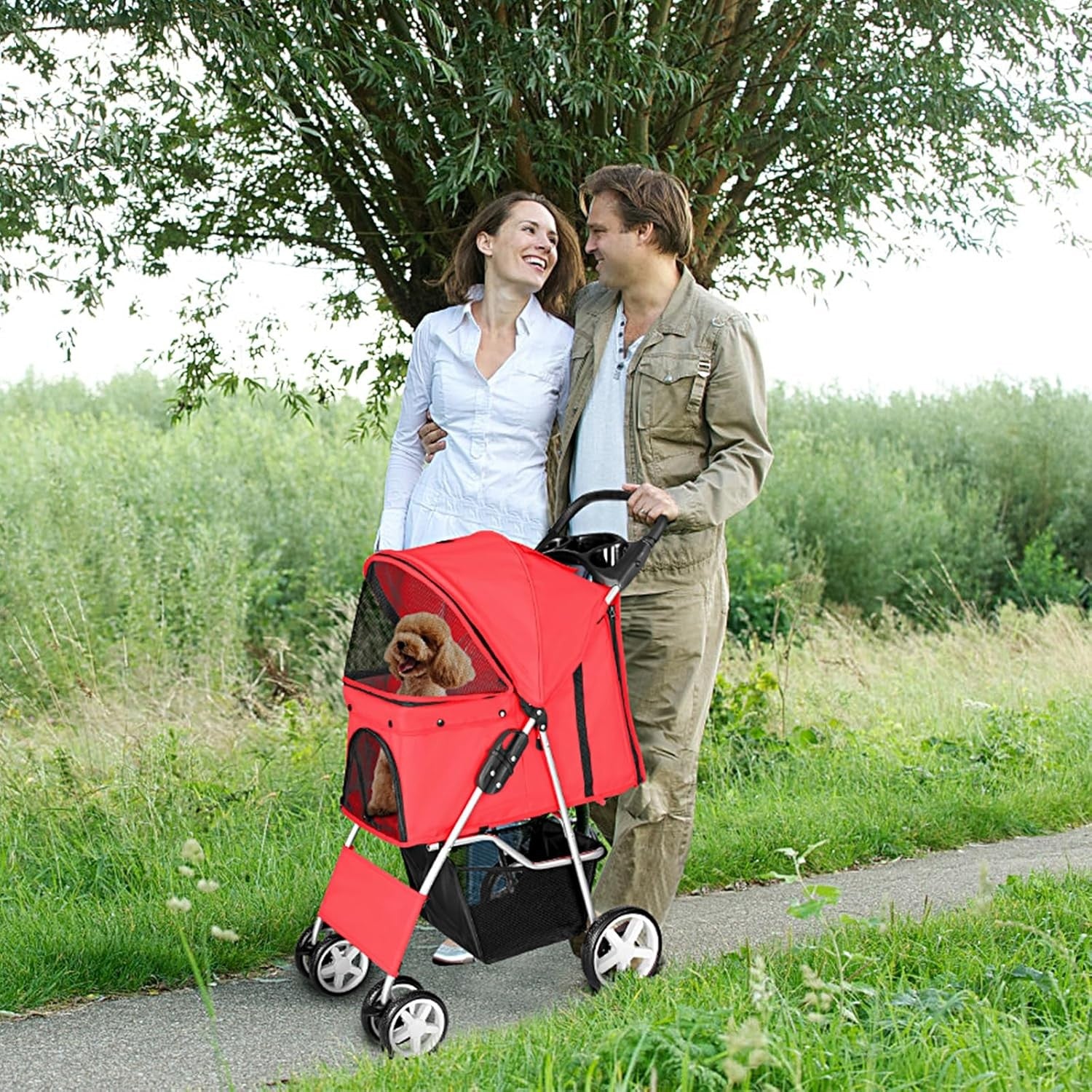 Pet Travel Stroller Dog Cat Pushchair 4 Wheel Folding Pram Jogger Red