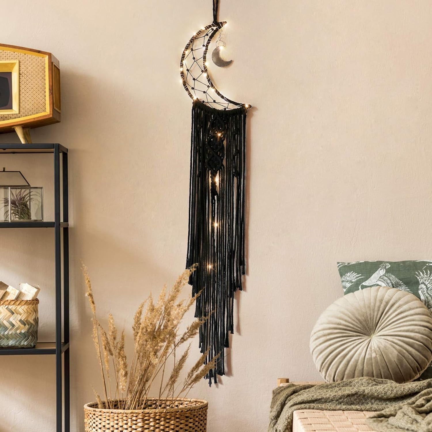 Boho Moon Macrame Wall Hanging 32” Cotton Cord + DIY String Lights