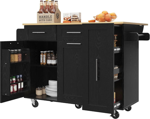 Rolling Kitchen Island Cart with Folding Worktop, Snack Shelves & Lockable Wheel