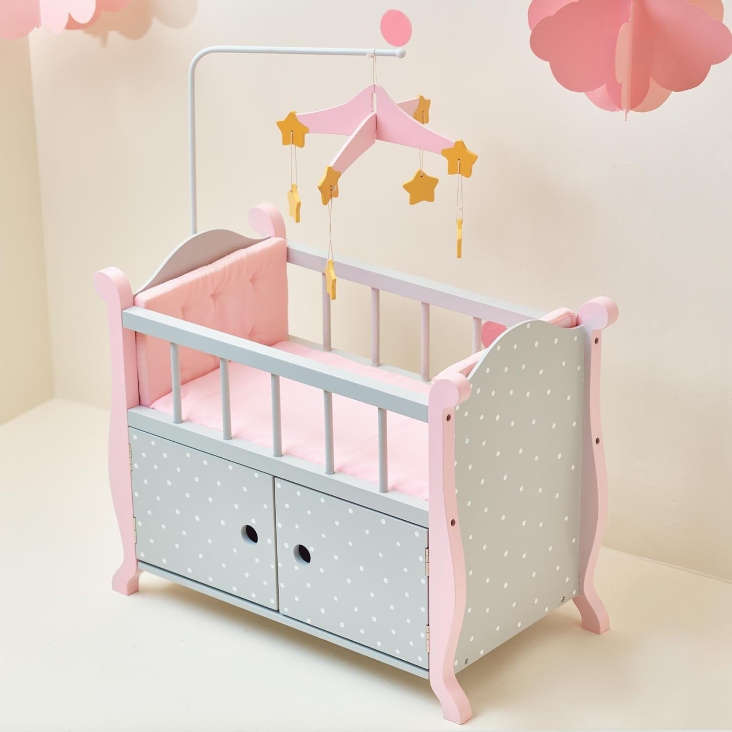 Wooden Baby Doll Cot with Storage Cushion Bedding Mobile Grey Pink 57x31x79cm