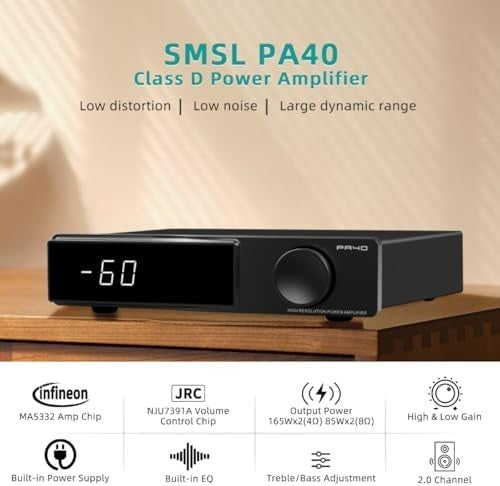 PA40 Class D Stereo Amplifier 165Wx2 EQ Bass Treble Remote