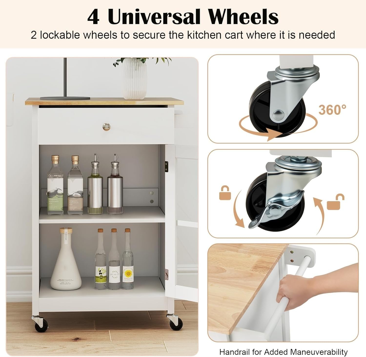 Kitchen Island on Wheels Rubber Wood Top Cabinet