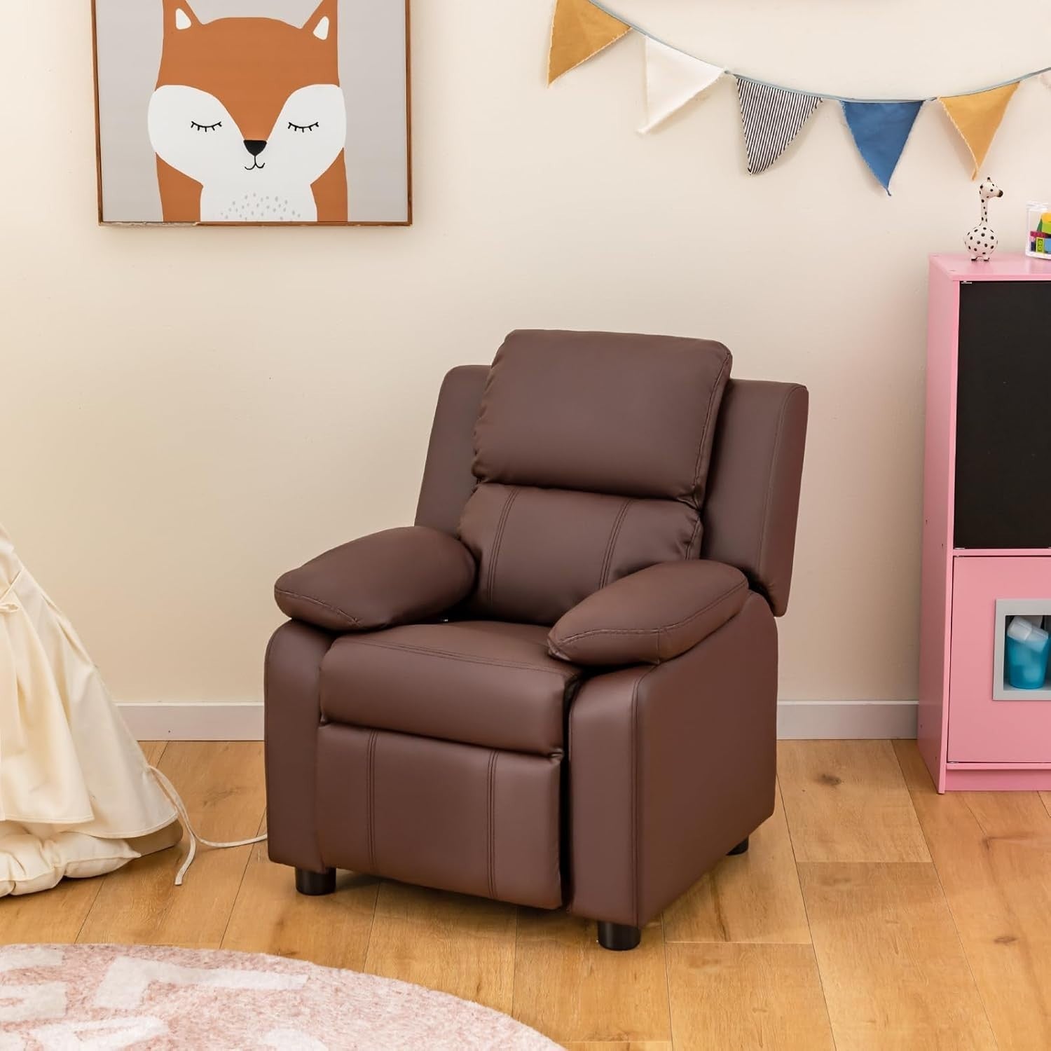 Kids Recliner Chair PU Leather Adjustable Backrest & Footrest with Storage Arms
