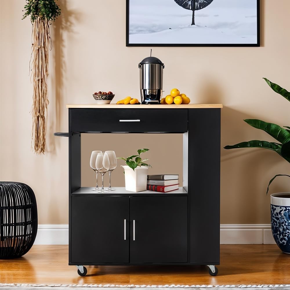 Mobile Kitchen Island Trolley with Drawer & Cabinet, Wheels, Black Wood Finish