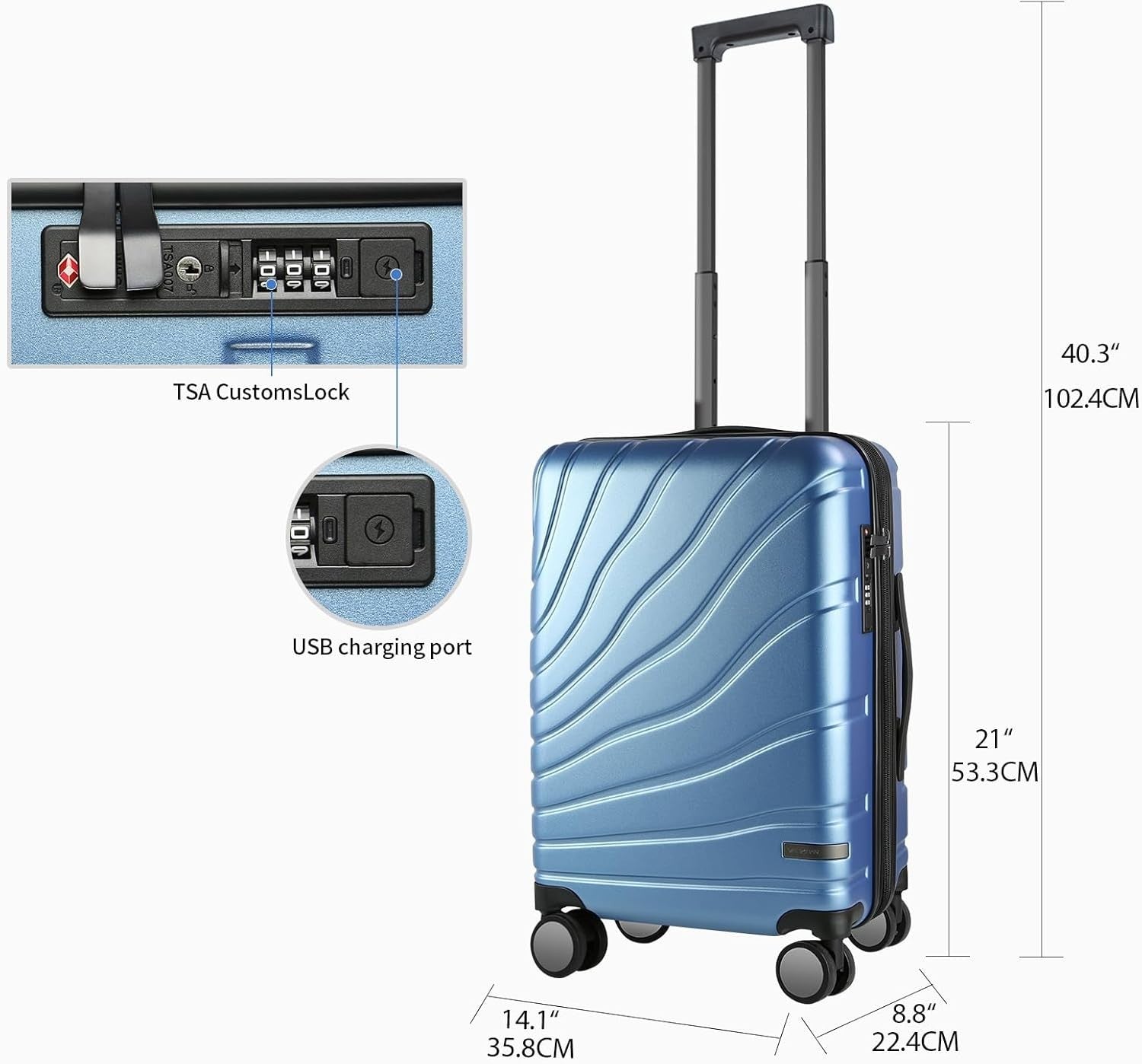 Light Blue 20 Inch Cabin Suitcase PC Hard Shell Expandable Spinner TSA