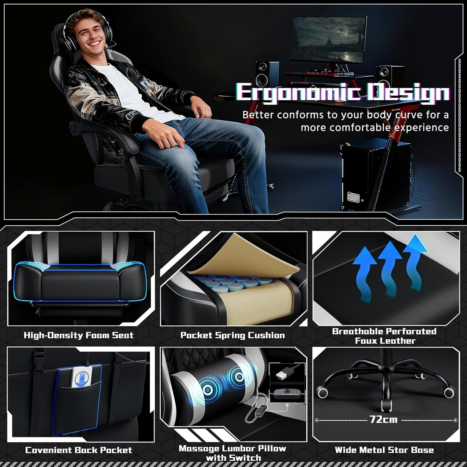 Ergonomic Gaming Chair with Footrest Massage Lumbar Support