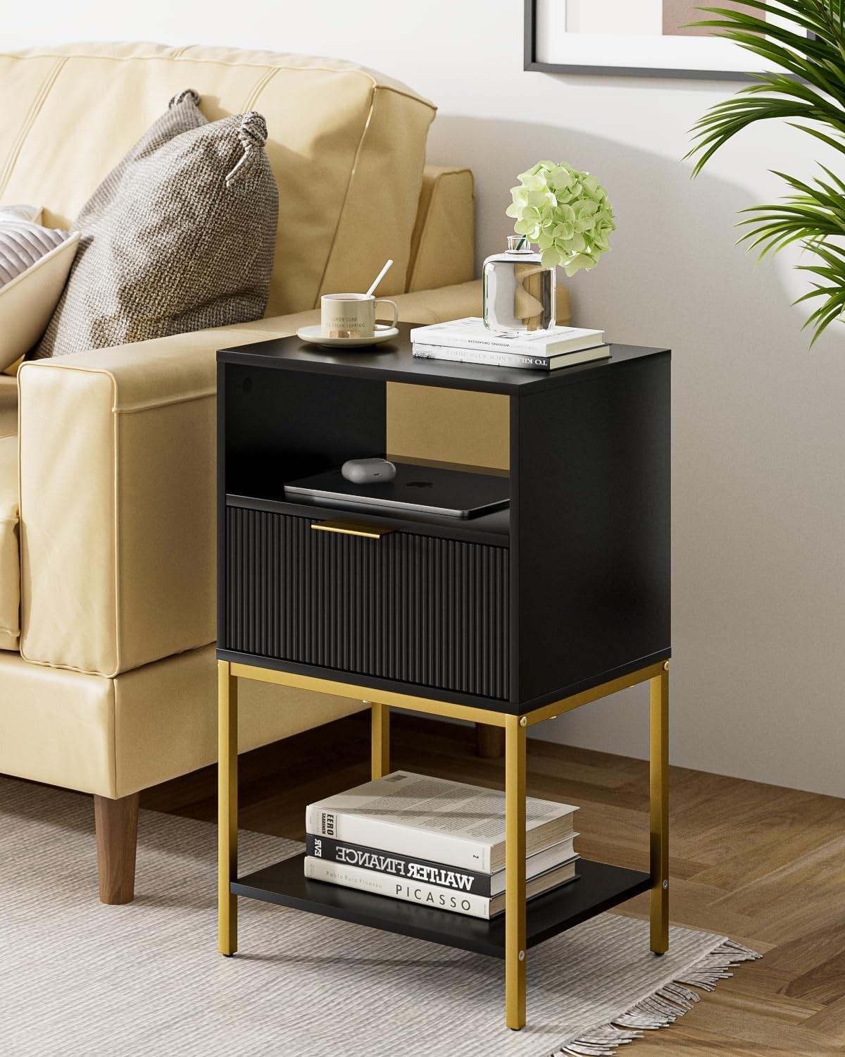 Modern Black Bedside Table with Gold Legs – 3-Tier Fluted Storage Nightstand