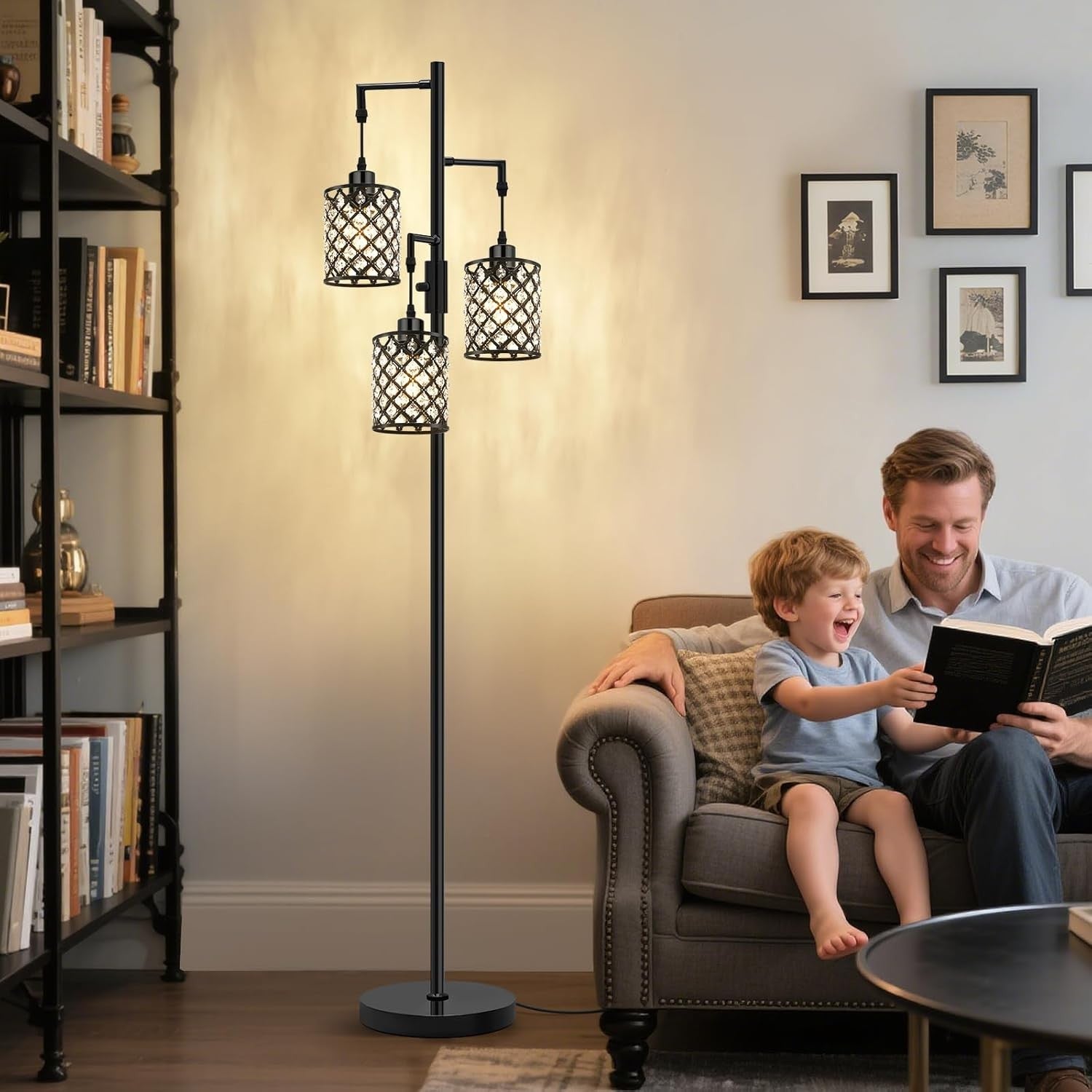 Black Crystal Floor Lamp 3 Light Standing Tall Modern Living Room Light