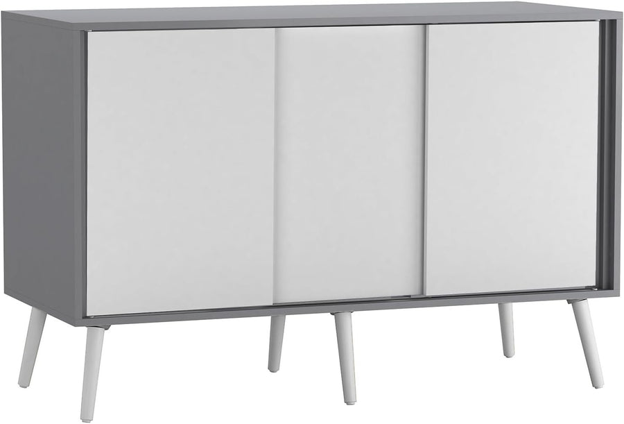 3-Door Sliding Sideboard Cabinet White Doors Wooden Legs Storage Unit