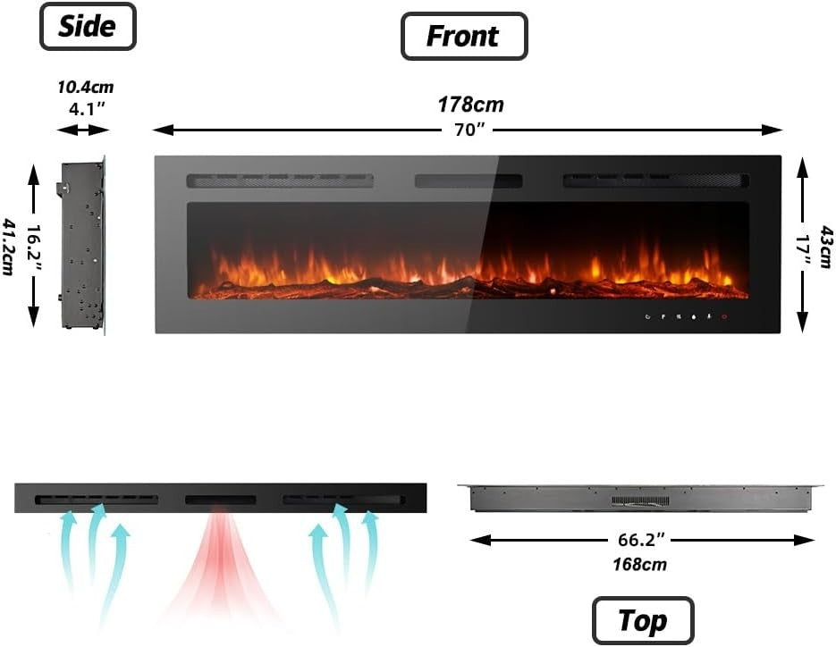 70” Wall Mounted Electric Fireplace LED Flame Heater Remote Timer