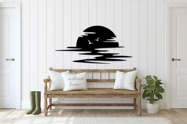 Large Metal Sun Wall Art 74x37cm Black Sunrise Decor