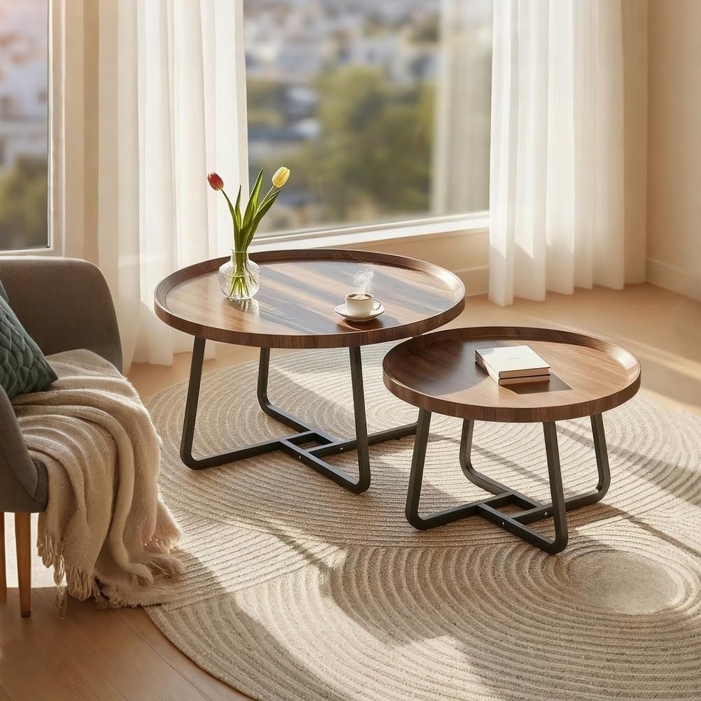 Walnut Nesting Coffee Tables Set of 2 Round Side Table Living Room Storage