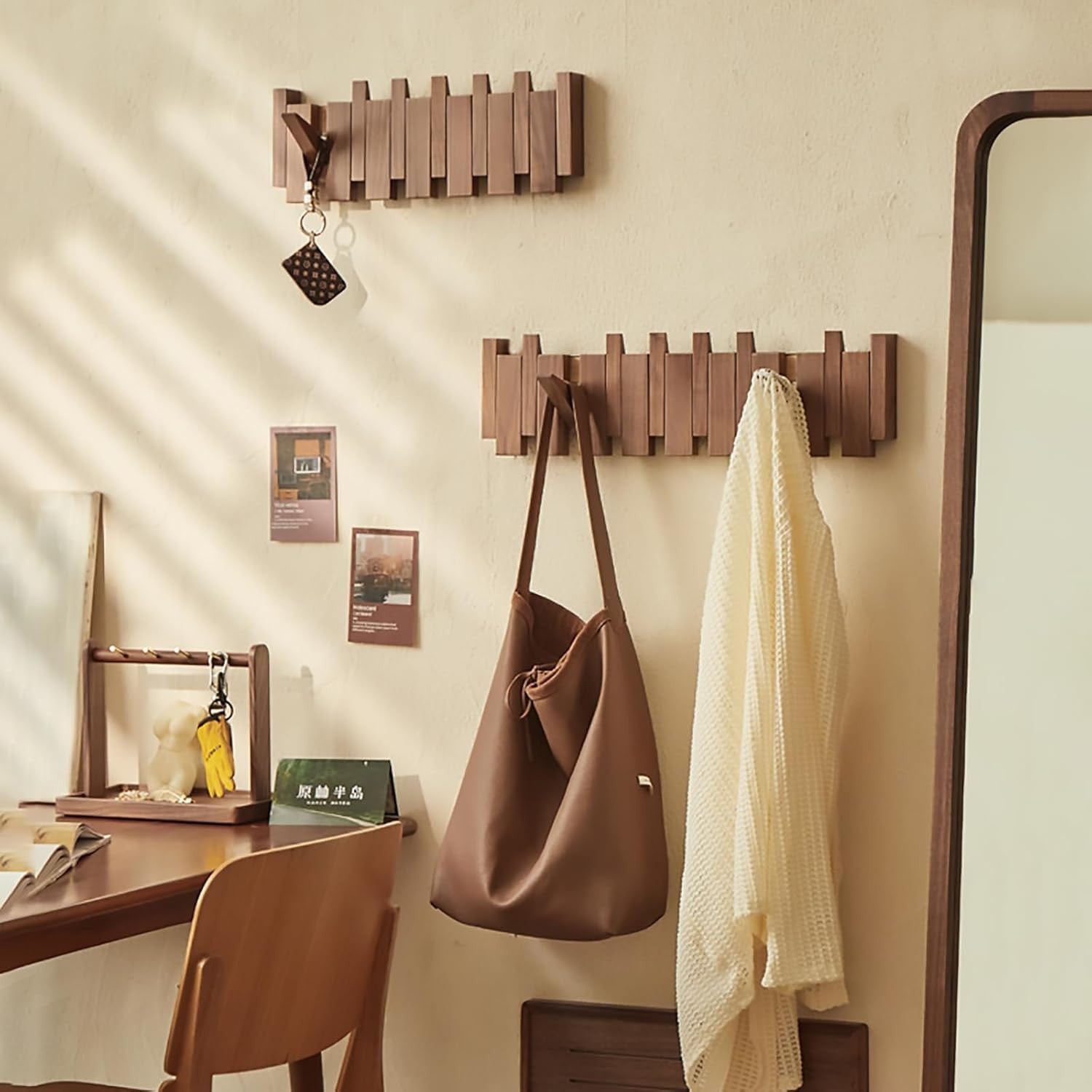 Luxury Wooden Wall Mounted Coat Rack 12 Flip Hooks Modern Folding Hanger