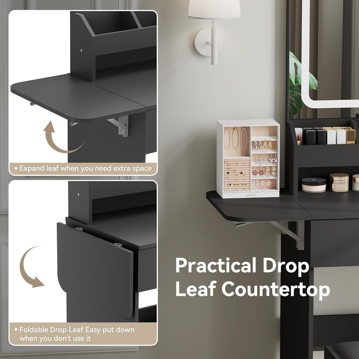 Wood Vanity Table Set w/ 3 Drawers, Lighted Mirror, USB Ports, Hairdryer Holder
