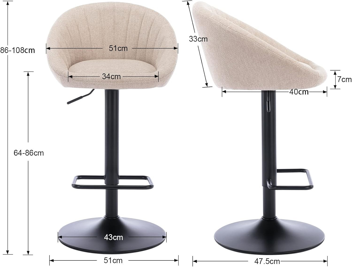 Set of 4 Beige Linen Bar Stools Adjustable Swivel Counter Chairs