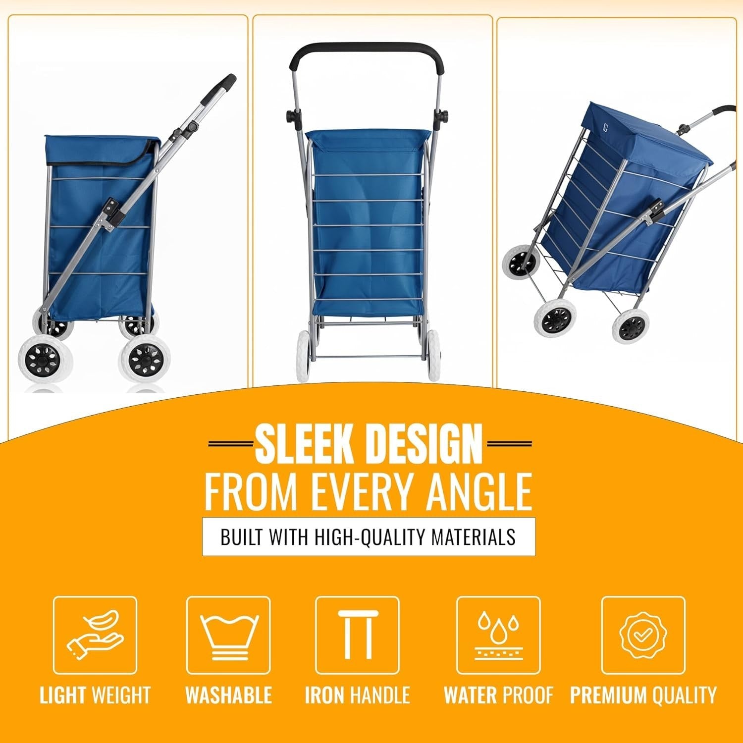 Foldable 4-Wheel Shopping Trolley Cart with Removable Bag - Heavy Duty Blue