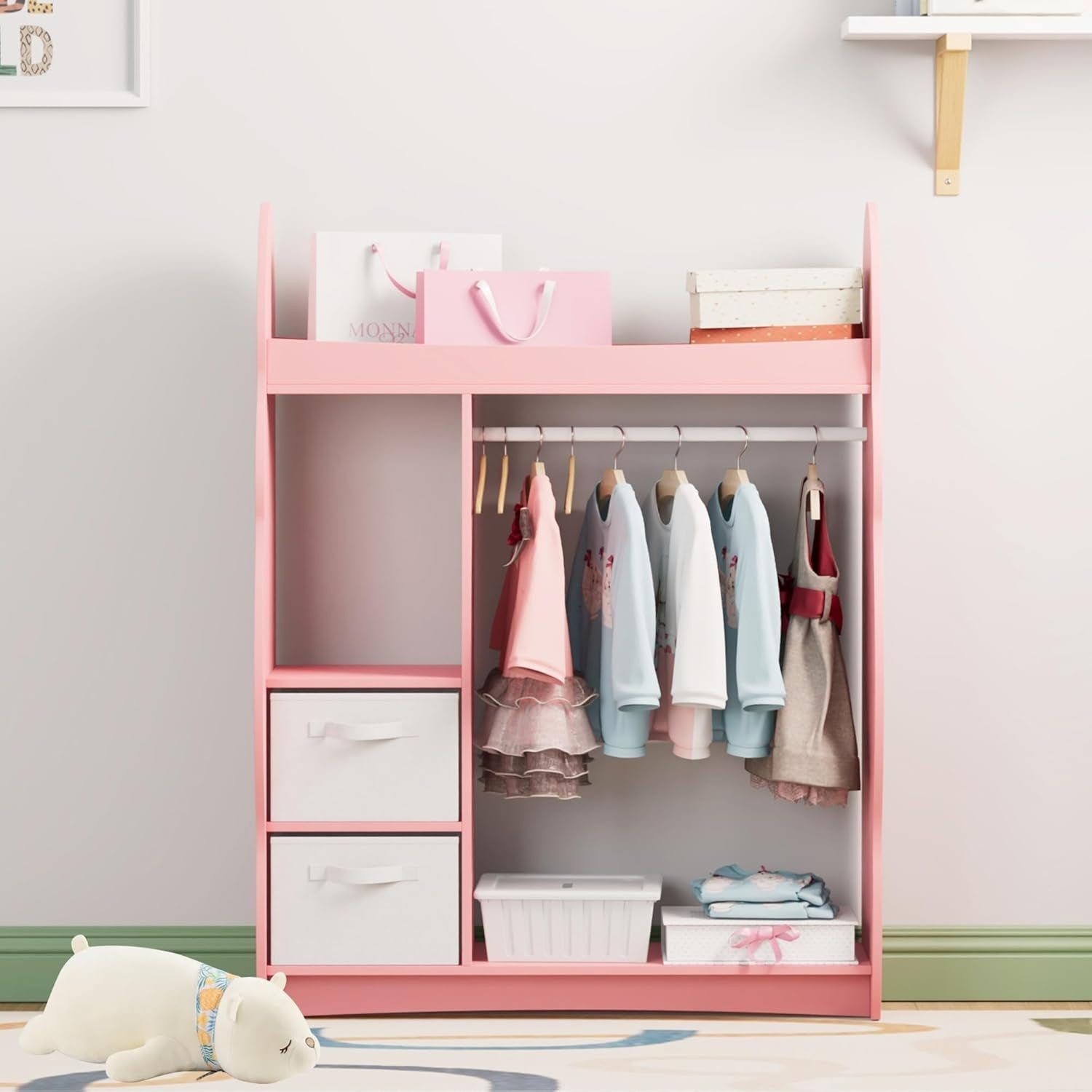 Kids Wardrobe with Mirror, Hanging Rail & 2 Drawers, Pink Cloud Design
