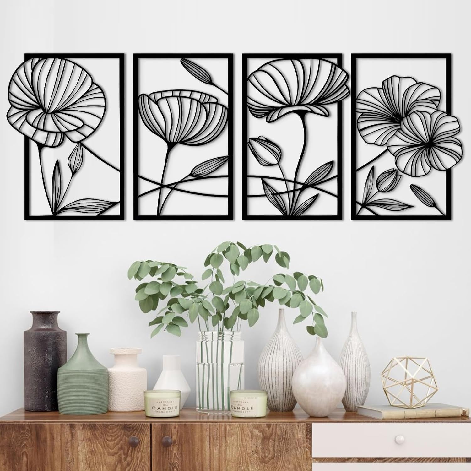 Black Metal Wall Art Set of 4 Lotus Flower 3D Line Sculptures Modern Decor