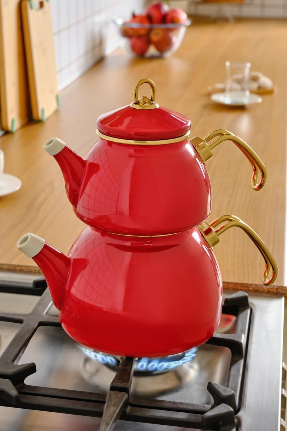 Red Enamel Turkish Tea Kettle Set 1.1L Teapot 2.3L Induction Safe