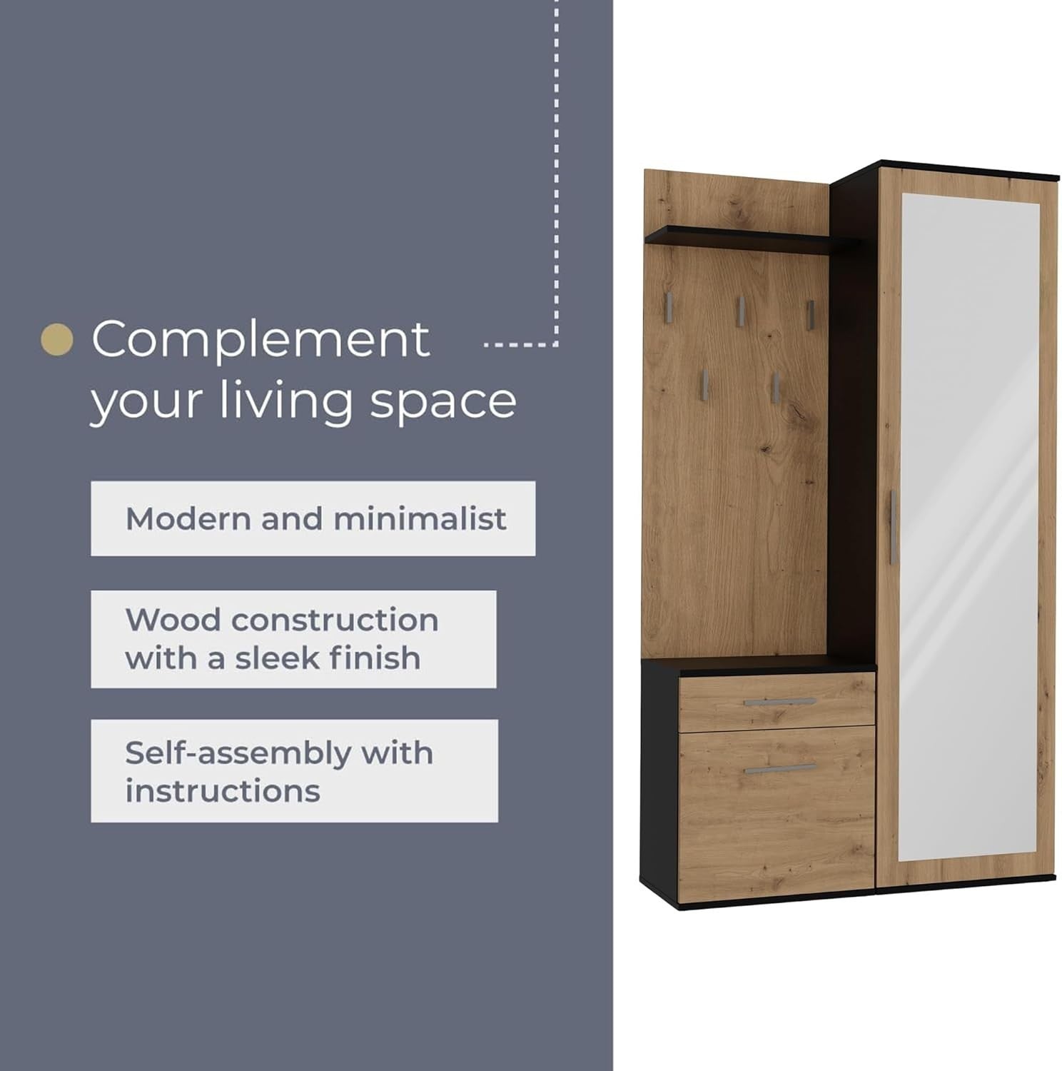 Modern Hallway Wardrobe with Shoe Storage, Hooks & Drawers, 180cm Tall