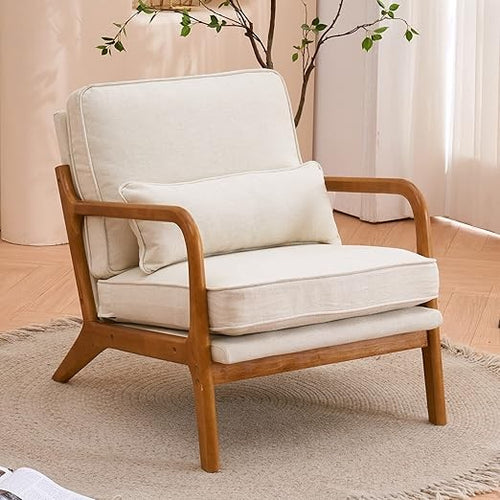 Beige Linen Armchair with Oak Arms & Lumbar Pillow Tub Chair