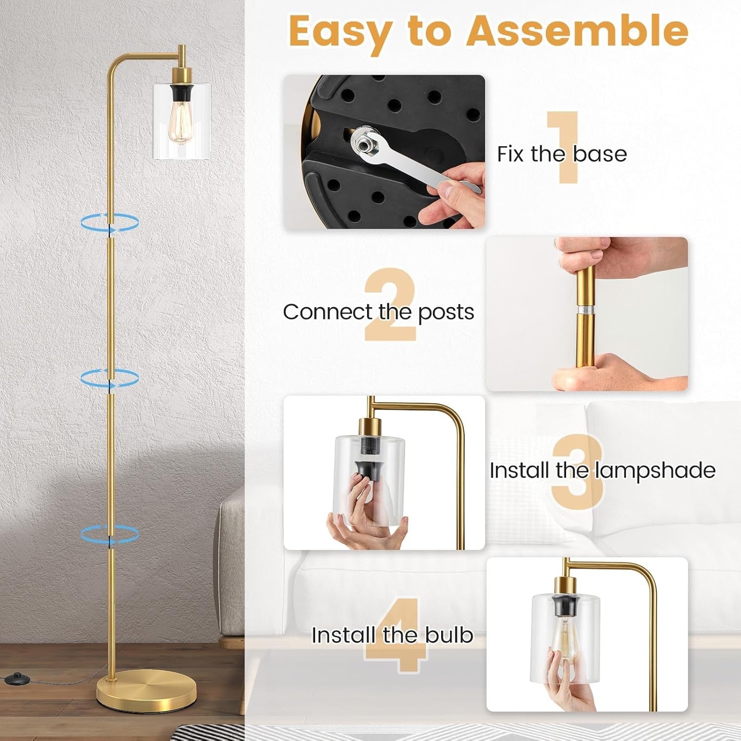 Industrial Floor Lamp Glass Shade Gold Tall Standing Light Foot Switch