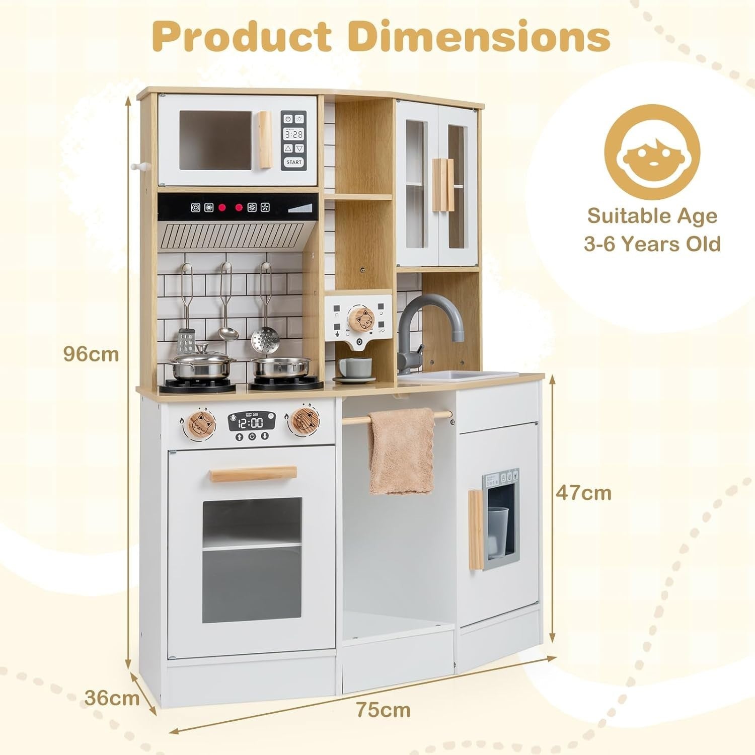 Wooden Kids Play Kitchen Lights Sounds Coffee Maker Ice Machine