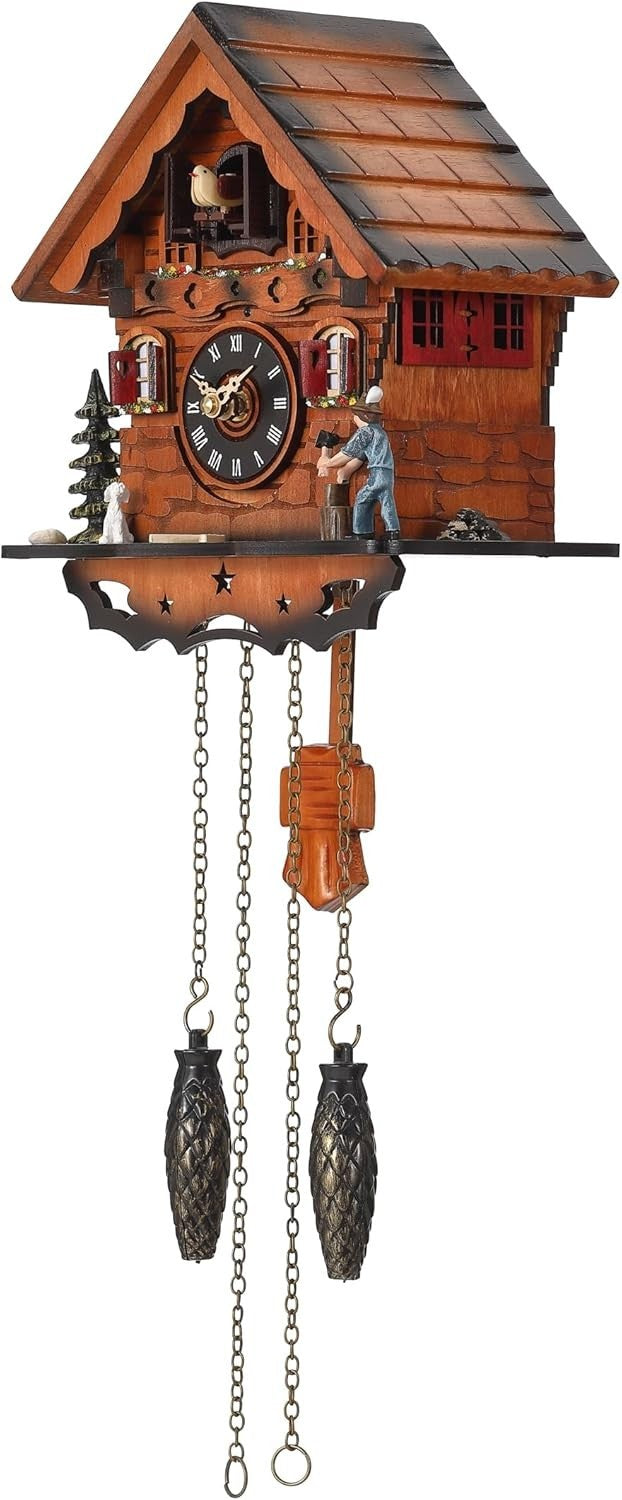 Traditional Wooden Cuckoo Clock Wall Decor, Night Sensor, 12 Melodies