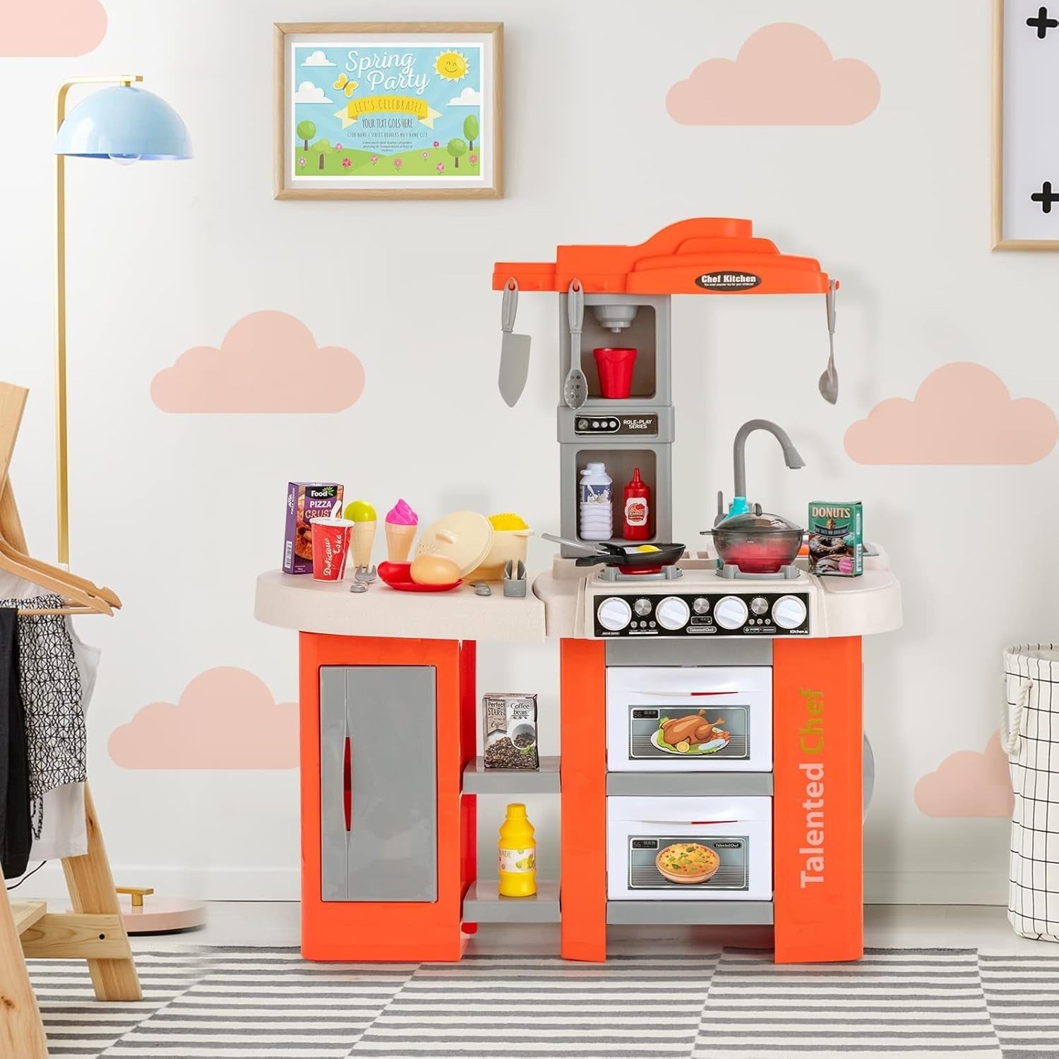 67PCS Kids Play Kitchen Toy Set Lights Sounds Steam Cooking Orange