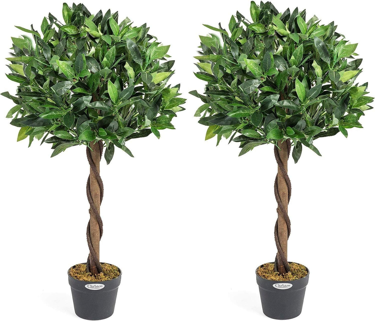 90cm Artificial Bay Tree 2-Pack Twisted Trunk Topiary Indoor Outdoor Home Decor