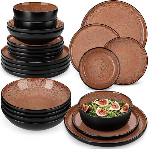 24pc Stoneware Dinner Set Plates Bowls Reactive Glaze Service for 6 Amber