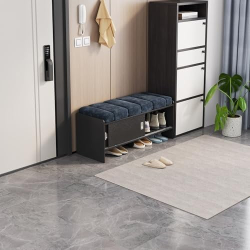 43.3" Modern Entryway Shoe Storage Bench with Sliding Doors, Blue