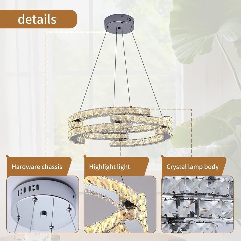 Modern LED Crystal Chandelier 3 Ring Pendant Light Dimmable 48W