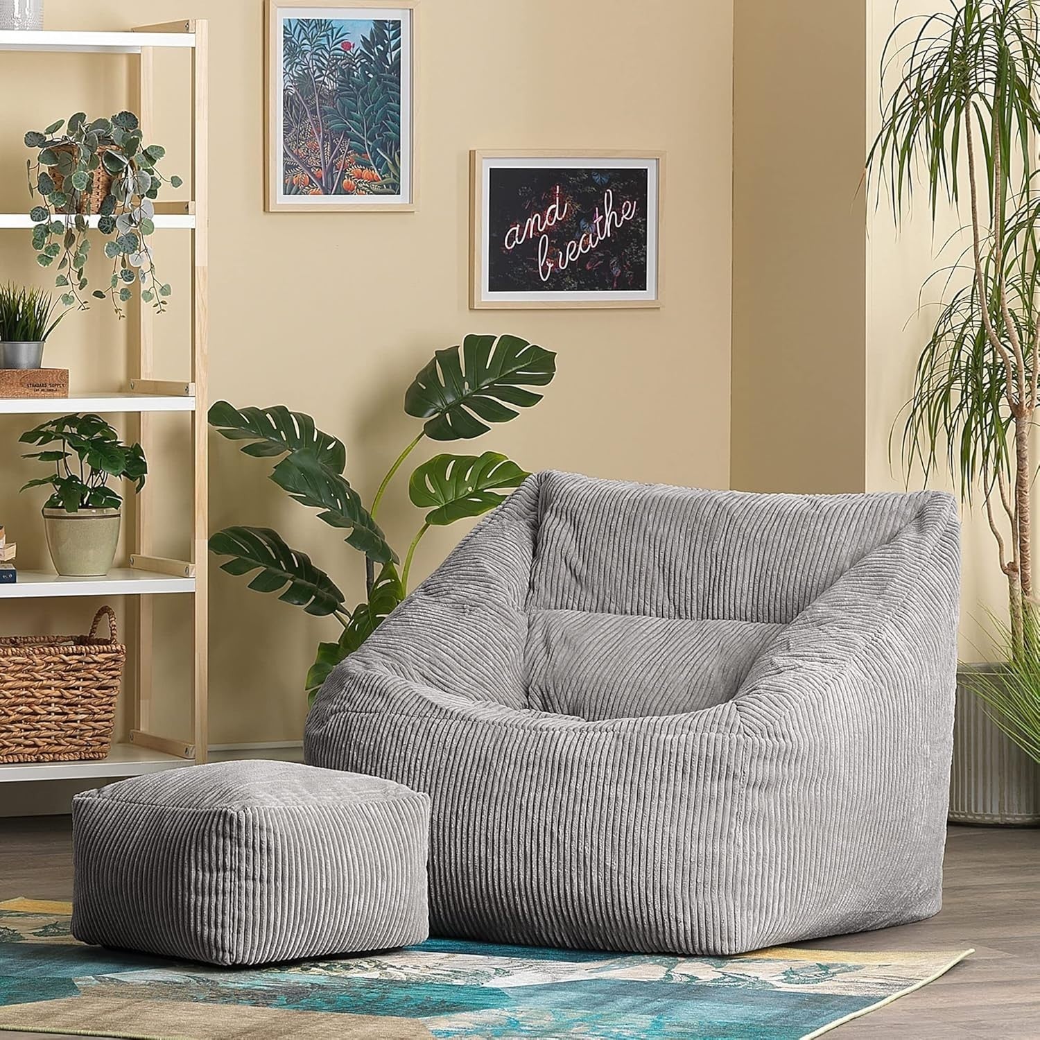 Grey Cord Bean Bag Chair with Footstool Lounge Sofa Adult Seat Filled