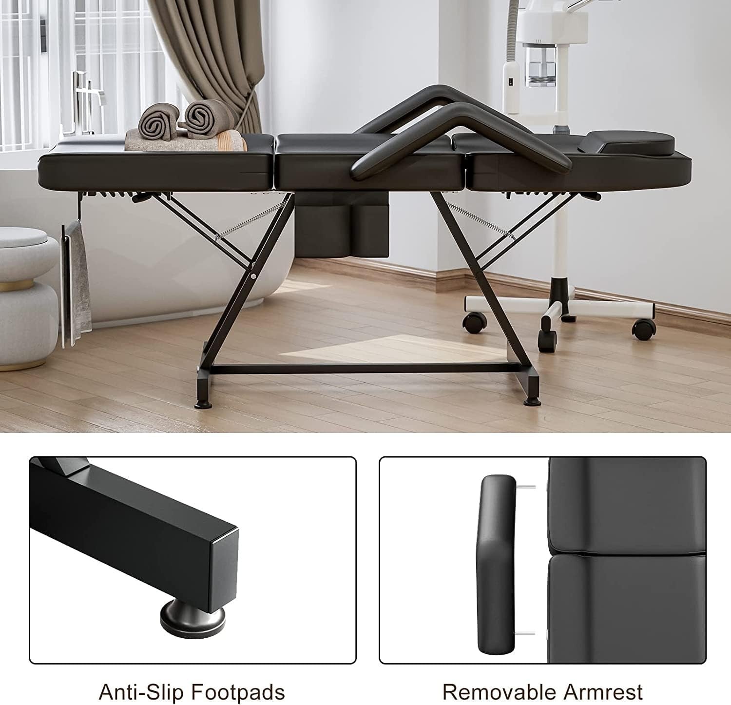 Adjustable 3-Section Beauty Massage Bed w/ Hydraulic Stool & 20 Sheets Black