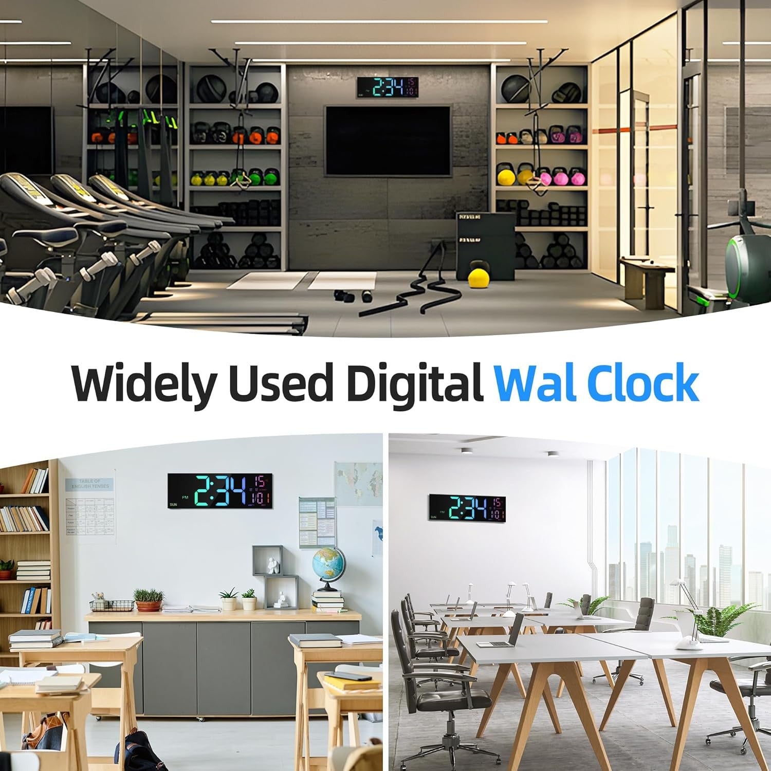 Black 16.5'' Large LED Digital Wall Clock RGB Remote Temperature Display