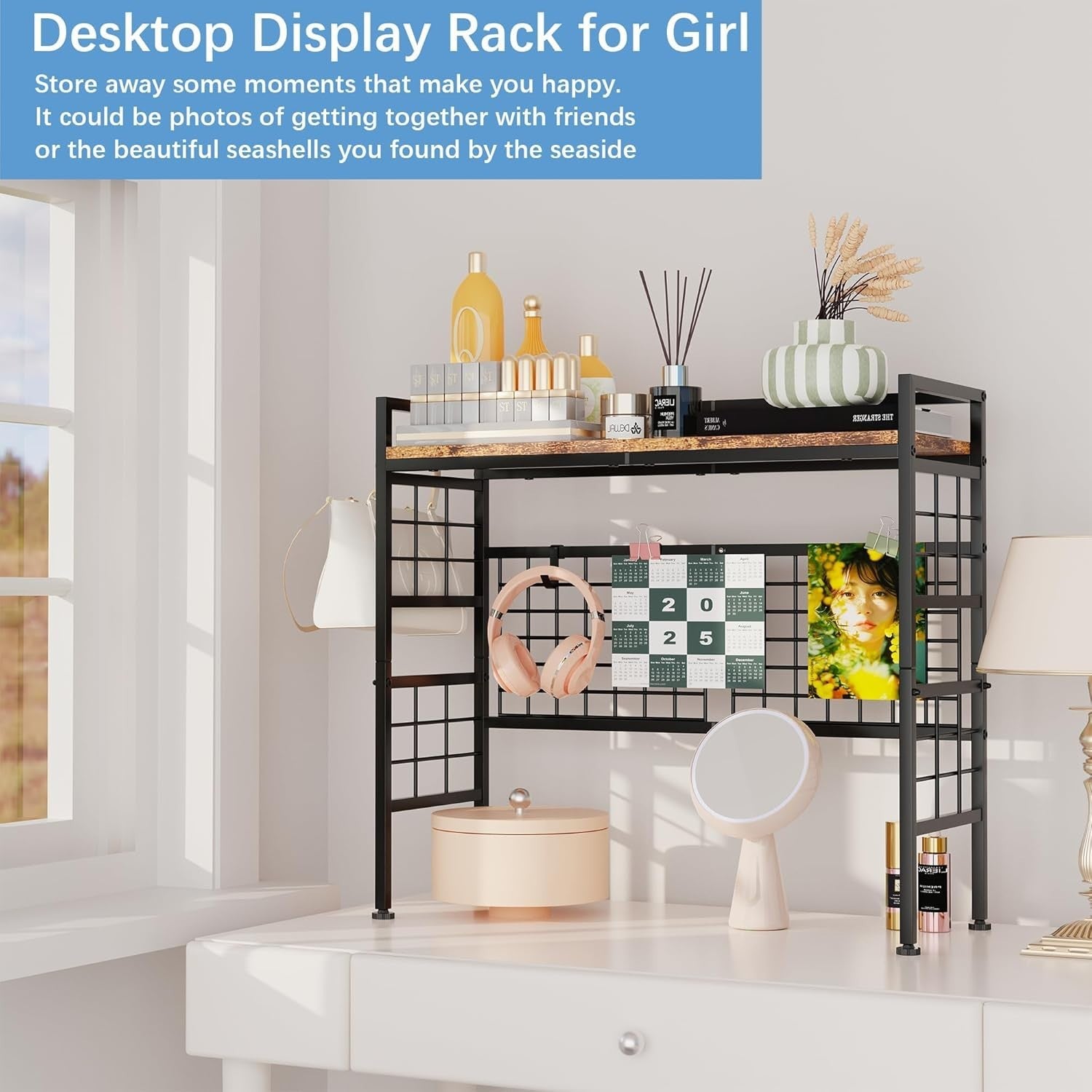 32.9" Metal Desk Hutch Shelf with Grid Panel | 2-Tier Desktop Organizer Rack