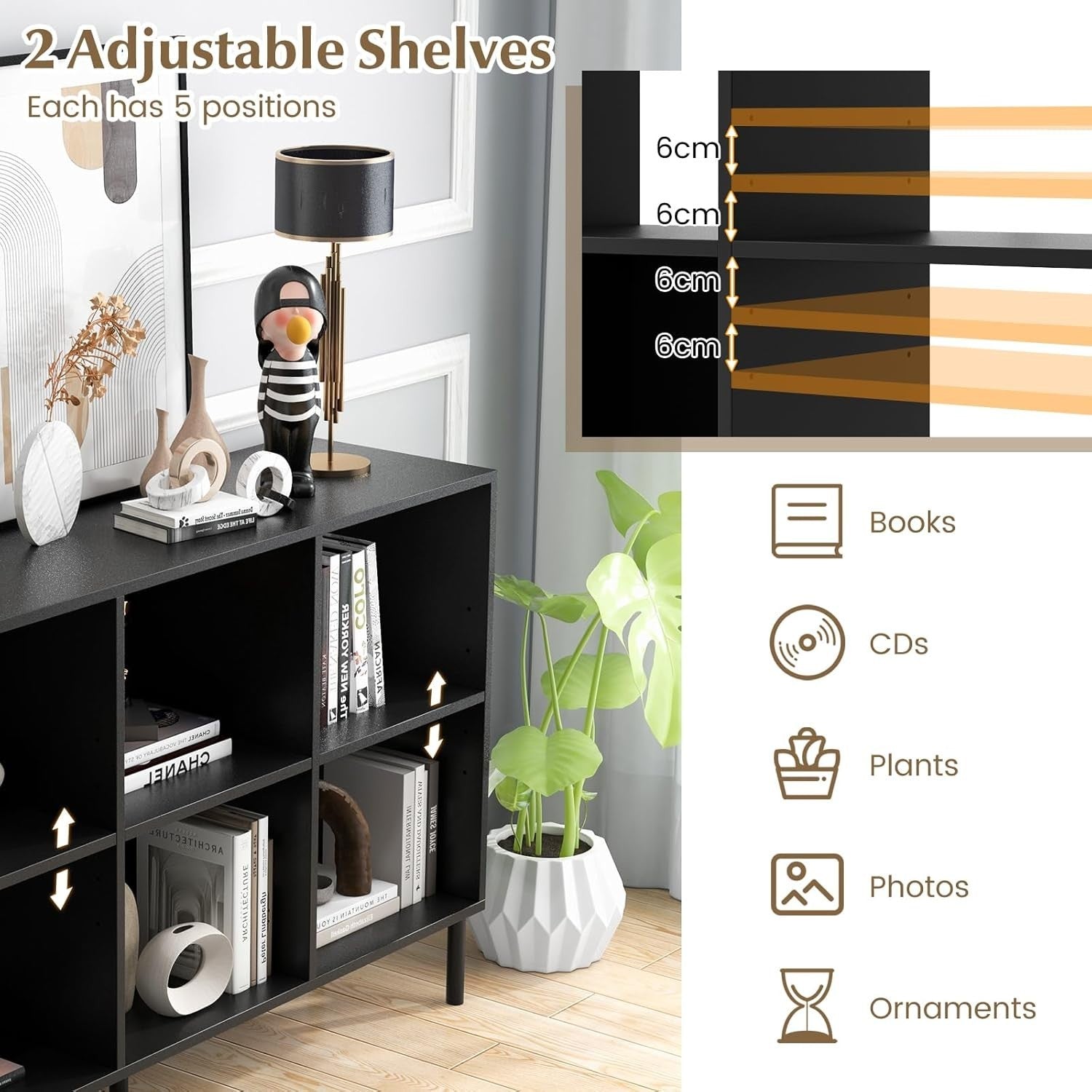 Black 6-Cube Adjustable Storage Bookcase with Metal Legs 120x35x78cm